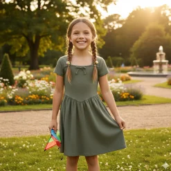 Cherries Sage Rib Dress 7-14y
